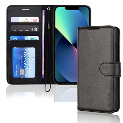 Abbildung von TECHGEAR hülle iPhone 14 Plus Leder klappbar, PU Flip Schutzhülle Ledertasche [Brieftasche] Handyhülle mit Ständer und Handschlaufe Schwarz Kompatible (6,7&quot;)