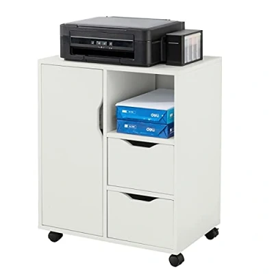 Abbildung von SoBuy FBT105 W Druckertisch mit 2 Schubladen und 1 Tür Aktenschrank Rollcontainer Bürowagen Beistellwagen Bürocontainer weiß BHT ca: 60x70x35cm