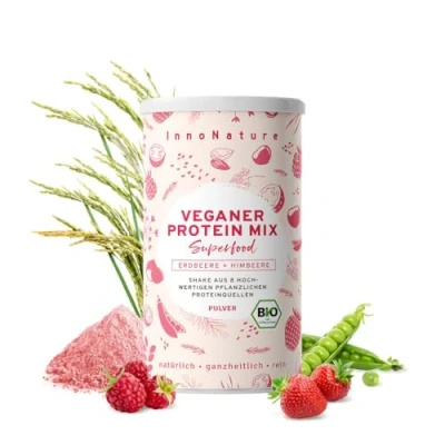 Abbildung von InnoNature Bio Erdbeere+Himbeere Protein Mix I mit 8 pflanzlichen Proteinquellen und hochwertigem Beerenpulver 450g Vegan &amp; ohne künstliche Süßungsmittel
