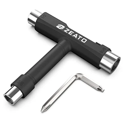 Abbildung von Zeato All in One Skate Tools Werkzeuge für Skateboards Multifunktionale Tragbar Skateboard Longboard T Tool Zubehör mit Type Schlüssel und L Kreuzschlitz Schraubenzieher Schwarz