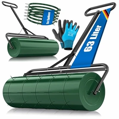 Abbildung von KESSER® Rasenwalze Metall befüllbar mit Wasser oder Sand 63 Liter Füllvolumen &amp; 99cm breit Gartenwalze inklusive 5X Spikes Handschuhe Handwalze Rasenroller Ackerwalze Walze in Grün