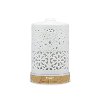 Abbildung von BEPER 70.404 Diffusor aus Keramik, Ultraschall Zerstäuber, LED Licht in 7 Farben, Taste für Dampfaustritt und Farbauswahl, elegantes Design, USB Betrieb, Weiß, wenig