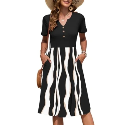 Abbildung von AUSELILY Damen Kurzarm Sommerkeider Knielange Sommer Kleider V Ausschnitt mit Knöpfen Empire Midikleid Taschen Schwarze Unregelmäßiger Streifen XL