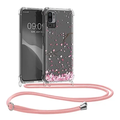 Abbildung von kwmobile Necklace Case kompatibel mit Xiaomi Redmi Note 10 5G Hülle Silikon Cover Handykette Rosa Dunkelbraun Transparent Kirschblütenblätter