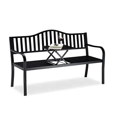 Abbildung von Relaxdays Gartenbank mit Klapptisch, 3 Sitzer, integrierte Tischablage, robuste Sitzbank, HBT: 90x150x57,5 cm, schwarz