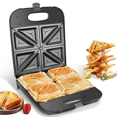 Abbildung von Aigostar Sandwichmaker XXL für 4 Sandwiches, 1400 W, Sandwichtoaster mit Antihaftbeschichtung, Schnellaufheizung, Automatische Temperaturregelung, Vertikale Lagerung, Rutschfeste Füße, BPA frei