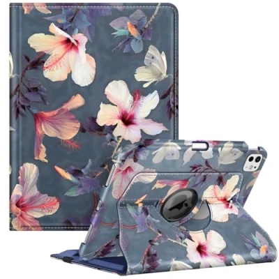 Abbildung von Fintie Hülle für iPad Pro 11 Zoll M4 (2024) (Modellnummer: A2836/A2837/A3006) mit Pencil Halter Schutzhülle Cover 360 Grad drehbarem Ständer und Auto Schlaf/Wach Funktion, Hibiskus