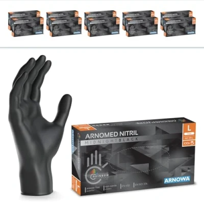 Abbildung von 1000 Stück (10x100) ARNOMED Einweghandschuhe Schwarz, Einmalhandschuhe L, Nitril Handschuhe Einweg, Nitrilhandschuhe puderfrei, Gummihandschuhe Schutzhandschuhe in XS, S, M, XL, XXL