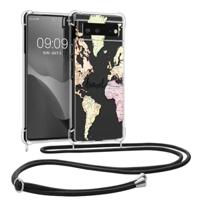 Abbildung von kwmobile Necklace Case kompatibel mit Google Pixel 6 Hülle Silikon Cover Handykette Schwarz Mehrfarbig Transparent Travel Schriftzug