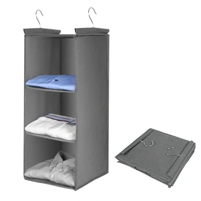 Abbildung von AiQInu Hängeregal Kleiderschrank,Hängeaufbewahrung Schrank Organizer mit 3 Fächern,Faltbar Platzsparend Hängeorganizer Aufbewahrungssystem Metallhaken und Bambus Stock Verstärkt