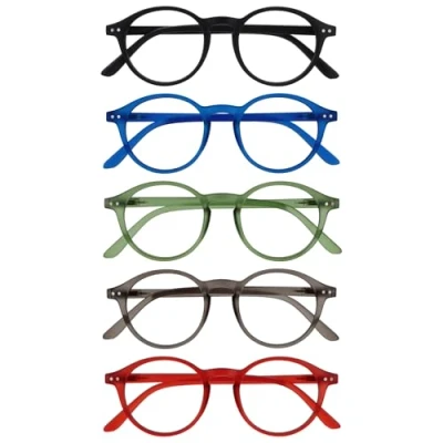 Abbildung von OPULIZE REY Lesebrille 5er Pack Runder Retro Rahmen Mattschwarz, Blau, Grün, Grau, Rot Herren Damen Federscharniere RRRRR56 1367Z +3.50