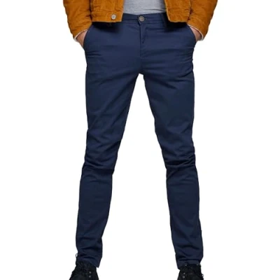 Abbildung von Herren Jack &amp; Jones Chino Hose Stretch Pants Konischer Schnitt Slim Fit Look JPSTMARCO JJBOWIE, Farben:Navy, Größe Hosen:30W / 34L, Z Länge:L34