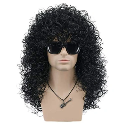 Abbildung von VGbeaty Herren Slash Lange Lockige Schwarz Hart 70er Jahre 80er Rocker Perücke Kostüm Cosplay (Schwarz)