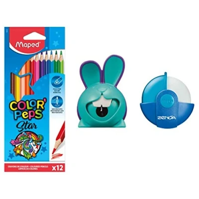 Abbildung von Maped Malset 12 Buntstifte Color&#039;Peps + Radierer Zenoa Blau Anspitzer Croc Hase,