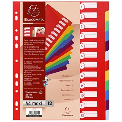 Abbildung von Exacompta 4812E Premium Register für DIN A4 MAXI aus langlebigem Kunststoff 12 teilig volle Höhe 24 x 29,7 cm blickdicht 2 6 Farben mit Organisationsdruck auf der ersten Seite Trennblätter