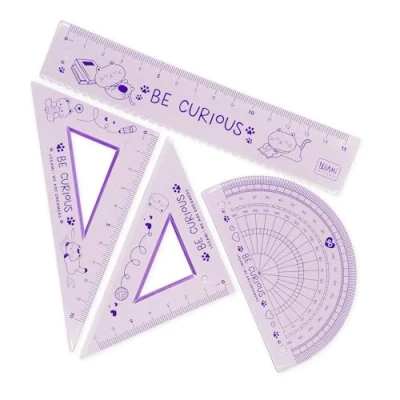 Abbildung von Legami Geometrie Set, Set mit 15 cm Lineal, 10 60 Quadrat, 180 Winkelmesser für die Schule, inkl. Koffer, flexibles Material, Kitty Motiv