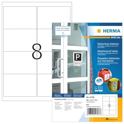 Abbildung von HERMA 10793 Wetterfeste Etiketten imprägniert, 80 Blatt, 99,1 x 67,7 mm, 8 pro A4 Bogen, 640 Stück, selbstklebend, bedruckbar, matt, blanko Outdoor Klebeetiketten aus Spezialpapier, weiß