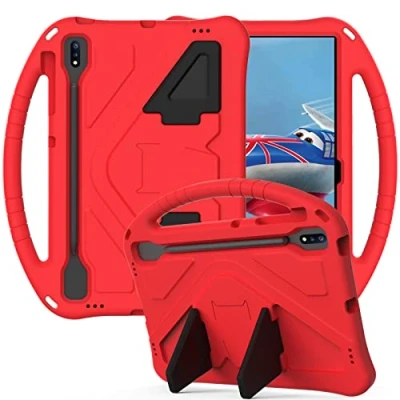 Abbildung von Kinder Hülle für Samsung Galaxy Tab S7+/S7 Plus/S7 FE SM T970/T975/T976/T978/T730/T733/T735/T736/T738, Eva Leichte Stoßfeste Griff mit Standfuß, Dauerhaft Kids Schutzhülle, Rot