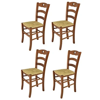 Abbildung von t m c s Tommychairs 4er Set Stühle Cuore für Küche und Esszimmer, Robuste Struktur aus lackiertem Buchenholz im Farbton Helles Nussbraun lackiert Sitzfläche Stroh