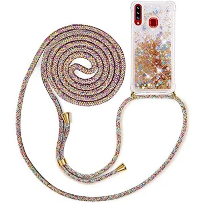Abbildung von HongMan Handykette Hülle kompatibel mit Samsung Galaxy A20S Band zum Umhängen, Glitter Handyhülle Flüssig Treibsand, Stoßfest Silikon Transparent Kette,Golden