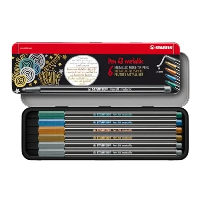 Abbildung von Premium metallic Filzstift STABILO Pen 68 6er Metalletui 2x silber, je 1x gold, kupfer, blau, grün