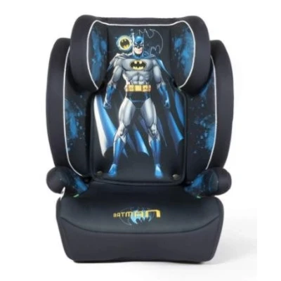 Abbildung von DC Comics Batman Kindersitz für die Sicherheit von Kindern mit einer Höhe 100 bis 150 cm Superheld Grafik auf schwarz blauem Hintergrund