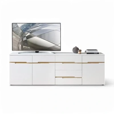 Abbildung von Memphis TV Sideboard in Weiß, Artisan Eiche Optik FSC Zertifiziert Moderner Fernsehschrank mit Schubladen und viel Stauraum 230 x 76 44 cm (B/H/T)