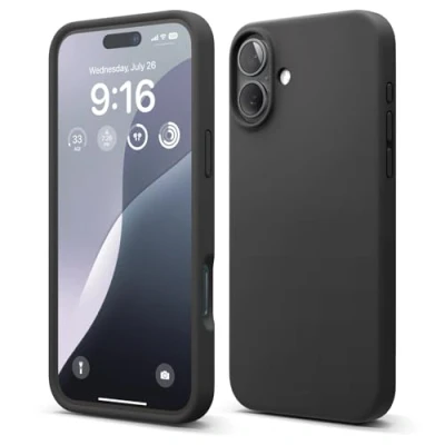 Abbildung von elago Premium Liquid Silikon Hülle Kompatibel mit iPhone 16 Plus Hülle, Ganzkörper Handyhülle, Stoßfest, Schlanke Kratzfester weicher Mikrofaser Innenfutter, 6.7 Zoll (Schwarz)