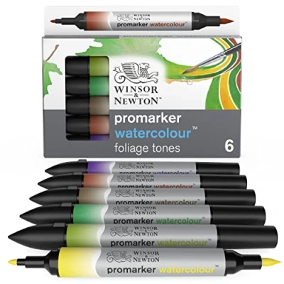 Abbildung von Winsor &amp; Newton 0290169​ ProMarker Aquarellmarker 2 Spitzen, Pinsel und feiner Spitze, lichtecht, hochpigmentierte Aquarellfarben im Marker für Kalligrafie, Zeichnungen, 6 Farben Set Blatt Töne