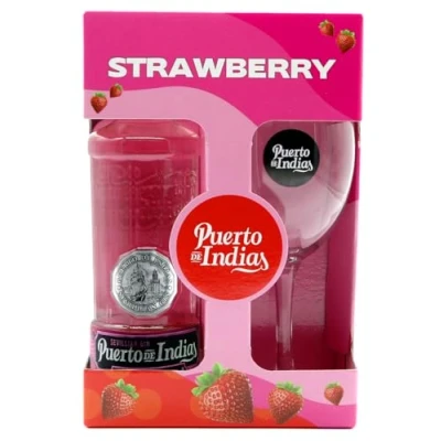 Abbildung von Puerto de Indias Strawberry Gin Onpack mit Copa Glas (1 x 700ml)