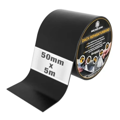 Abbildung von HSS® Dach Reparaturband, MicroSealant Klebstoff, effektiv, beständig und universell einsetzbar, wasserdichtes Klebeband, verbessertes Butylband, SKZ geprüft (Schwarz, 50mm/5m)