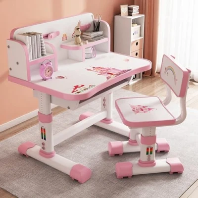 Abbildung von ilkqeppe Kinder Funktionelle Schreibtisch und Stuhl Set, Kinder, höhenverstellbar Schule Studie Tisch Set mit Cartoon Muster, Bücherregal Buch Eimer (Rosa, Blau) (Rosa)