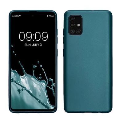 Abbildung von kwmobile Case kompatibel mit Samsung Galaxy A51 Hülle Schutzhülle aus Silikon metallisch schimmernd Handyhülle Metallic Karibikblau