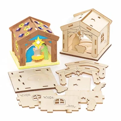 Abbildung von Baker Ross FC206 Krippenstall Teelichthalter Bastelset aus Holz 3er Pack, Holzteelichthalter für Kinder zum Basteln und Bemalen, Weihnachtsbastelsets