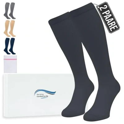 Abbildung von 360 Relief Kompressionsstrümpfe Damen und Herren 2 Paare Kompressionssocken Einfarbig für Sport, Laufen, Flug, Reise, Joggen, Radsport, Kniestrümpfe, L/XL Schwarz mit Wäschenetz