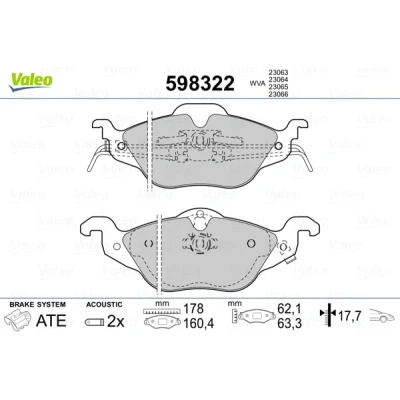 Abbildung von VALEO 598322 Bremsbelagsatz Vorderachse inkl. Verschleißwarnkontakt ohne Anti Quietsch Blech MAZDA: 323 F 6, 626 V Limousine, FAMILIA 6