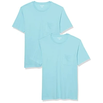 Abbildung von Amazon Essentials Herren T Shirt mit kurzen Ärmeln, Rundhalsausschnitt und Tasche in schmaler Passform, 2er Pack, Hellblau, XS