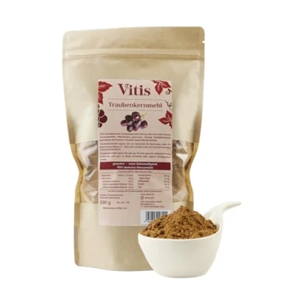 Abbildung von Traubenkernmehl 1kg von Vitis Vital glutenfrei vegan hoher Ballaststoffgehalt regional produziert an der Mosel 100% Naturprodukt zertifizierter Herstellungsprozess Premium Qualität