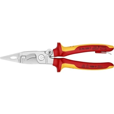 Abbildung von KNIPEX Elektro Installationszange isoliert mit Mehrkomponenten Hüllen, VDE geprüft; integrierter isolierter Befestigungsöse zum Anbringen einer Absturzsicherung verchromt 200 mm 13 96 T