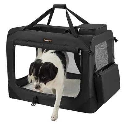 Abbildung von Feandrea Hundebox faltbar, Transportbox Hund, XL, Hundetasche, Oxford Gewebe, Netzstoff, atmungsaktiv tragbar transportabel, Metallrahmen, mit Griffen, Taschen, 81 x 58 cm, schwarz PDC80H