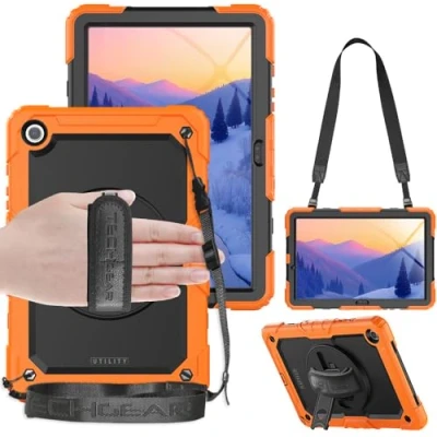 Abbildung von TECHGEAR UTILITY Schutzhülle für Samsung Galaxy Tab A9 Plus 27,9 cm (11 Zoll) (SM X210 / SM X215), robust, stoßfest, mit 360 drehbarem Ständer, Hand und Schultergurt, Orange
