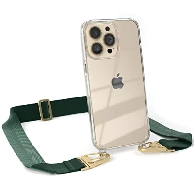 Abbildung von EAZY CASE Hülle mit Band kompatibel iPhone 13 Pro Handyhülle Umhängeband für Silikonhülle Transparent Schutzhülle Handykette zum Umhängen Handykordel Smartphone in Grün Gold