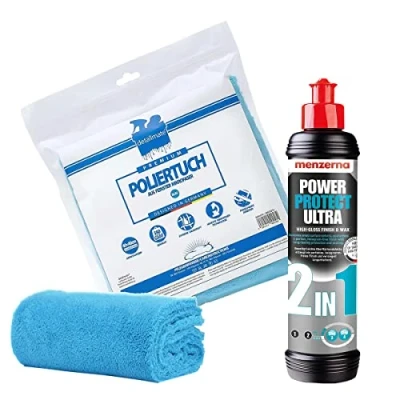 Abbildung von detailmate Auto Polier Set Autopflege: Menzerna Lackversiegelung Power Protect Ultra 2 in 1, 250 ml Autolack Versiegelung + Mikrofaser Poliertuch, 40x40cm, perfekt zum Auspolieren