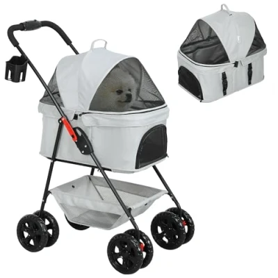 Abbildung von PawHut Hundewagen 3 in 1 Hundebuggy Faltbar Hundebox, klappbar Transporttasche mit Getränkehalter, Hunde Buggy, Katzenwagen 360 Räder Katzenbuggy für Mini unter 4 kg, Hellgrau