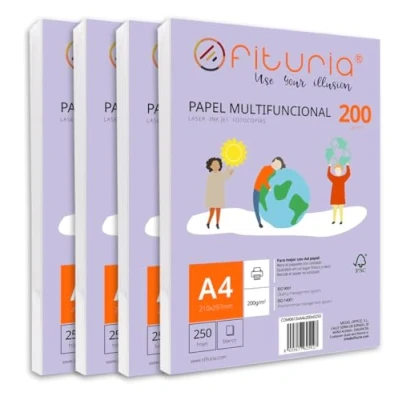 Abbildung von Packung mit 1000 weißen DIN A4 Blättern, 200g Druckerpapier. Multifunktionales Kopierpapier für Schule und Büro. Ideal Laserdrucker, Tintenstrahldrucker oder Kopierer Ofituria