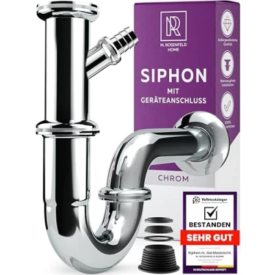 Abbildung von Universal Siphon für Waschbecken und Waschtisch mit Geräteanschluss Einfache Montage + Höhenverstellbar Abflussrohr Genormten 1 1/4&quot; Wandrosette Gummimanschette Röhrensiphon Geruchsverschluss