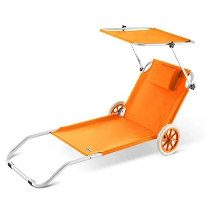 Abbildung von Casaria® Sonnenliege Klappbar mit Dach Strandliege Rollen Tasche Outdoor Klappliege Liegestuhl Abnehmbarer Sonnenschutz 115kg Orange