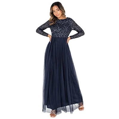 Abbildung von Maya Deluxe Damen Women&#039;s Dress for Wedding Guest Plus Size Empire High Waist Sequins Long Sleeve Evening Brautjungfernkleid, Navy, 54 EU