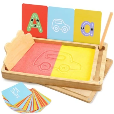 Abbildung von Pourbibi Sandtablet Montessori Spielzeug ab 3 4 Jahre Junge Mädchen, Buchstaben Lernen und Zeichen Spielzeug, Holzspielzeug Ostergeschenke Geschenke für Kinder 5 Geburtstagsgeschenk