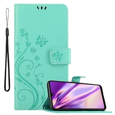 Abbildung von Cadorabo Hülle kompatibel mit Samsung Galaxy A32 4G Blumen Design aus Kunst Leder Flip Klappbare Stoßfeste Magnetische [Standfunktion] [Kartenfächern] Cover für Tasche in Türkis